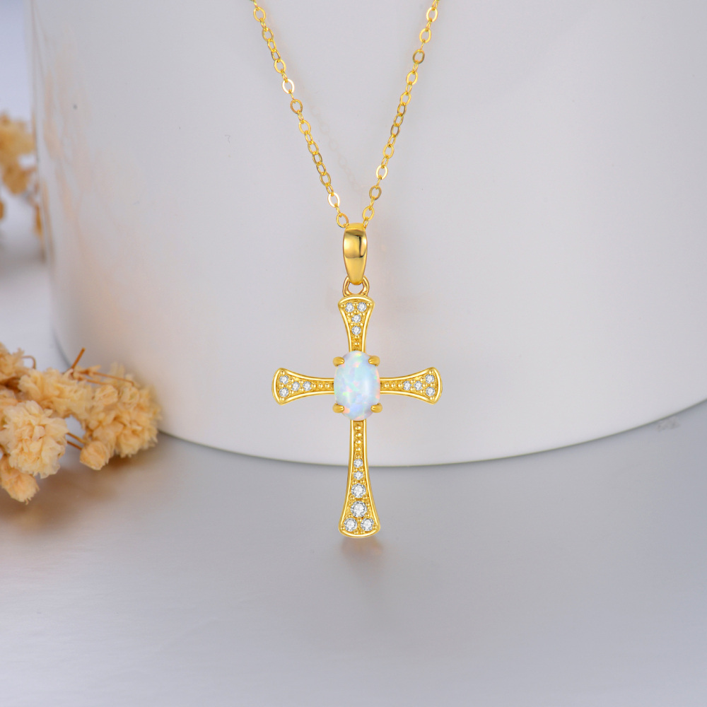 10K Gold Cubic Zirconia & Opal Cross Pendant Necklace-4