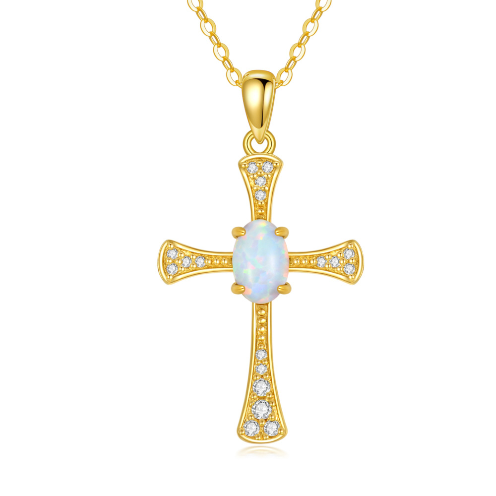 10K Gold Cubic Zirconia & Opal Cross Pendant Necklace-5