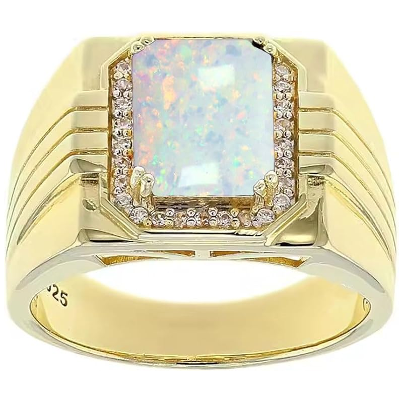 14K Gold Opal with Diamonds Halo Emerald Cut Custom Engagement Ring for Men-1