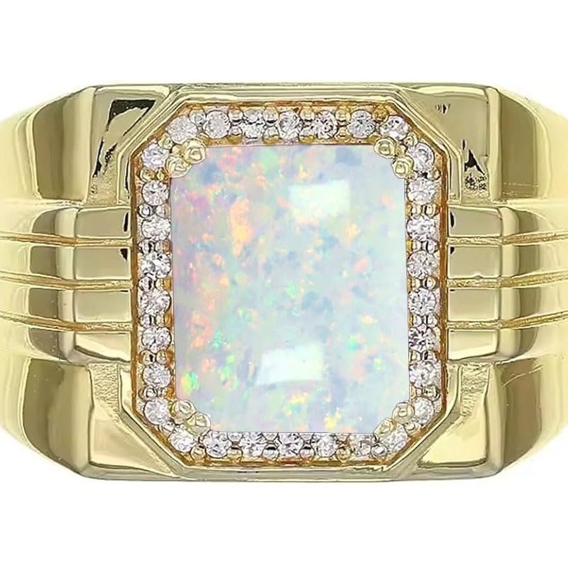 14K Gold Opal with Diamonds Halo Emerald Cut Custom Engagement Ring for Men-2