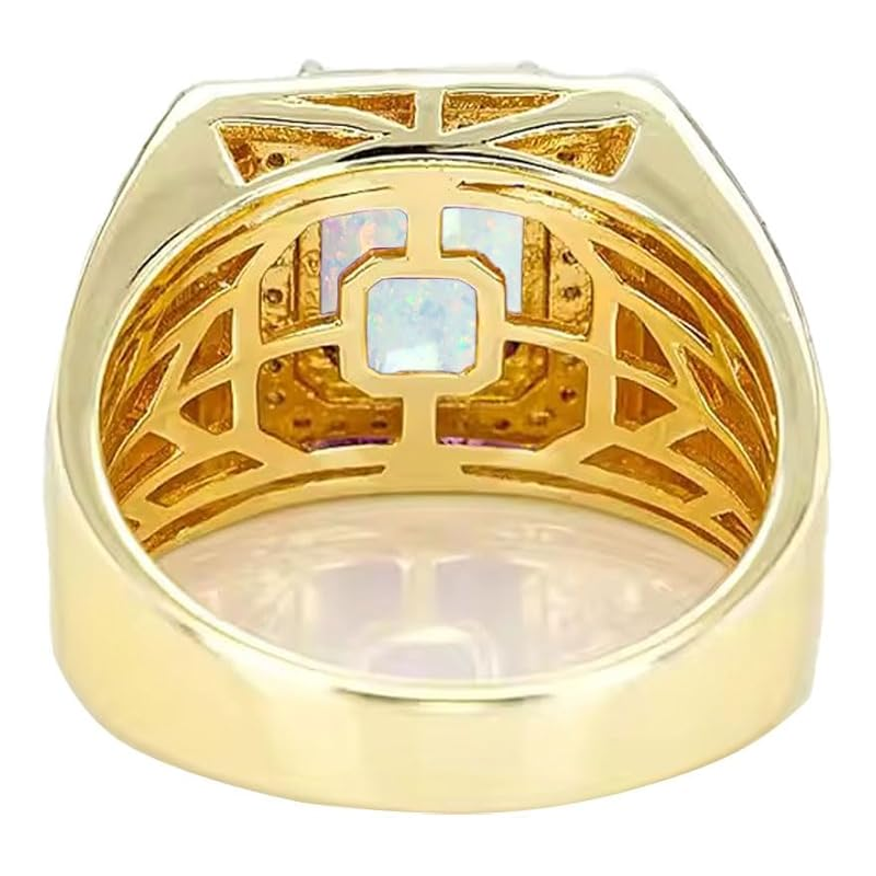 14K Gold Opal with Diamonds Halo Emerald Cut Custom Engagement Ring for Men-3