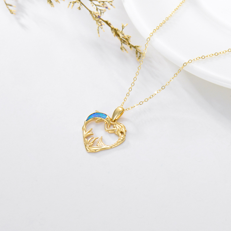14K Yellow Gold Opal Dolphin With Mermaid Heart Pendant Necklace For Women-3
