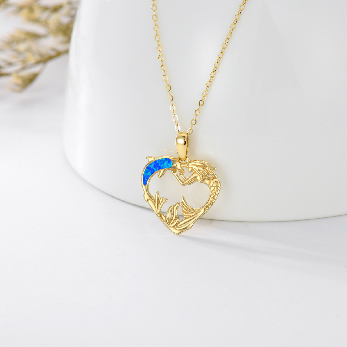 Collar con colgante de corazón de sirena y delfín de ópalo de oro amarillo de 14 quilates para mujer-4