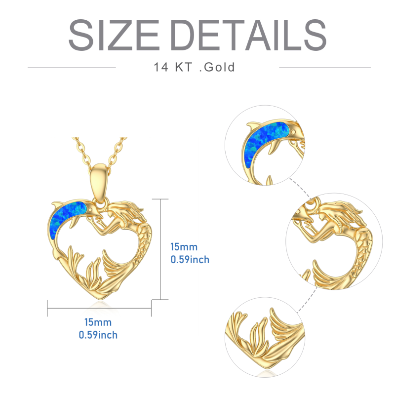 14K Yellow Gold Opal Dolphin With Mermaid Heart Pendant Necklace For Women-5