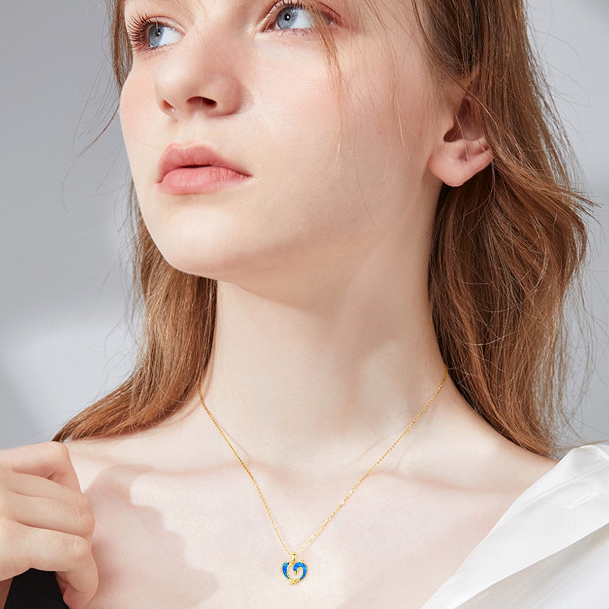 14K Gold Opal Delphin & Herz Anhänger Halskette-2