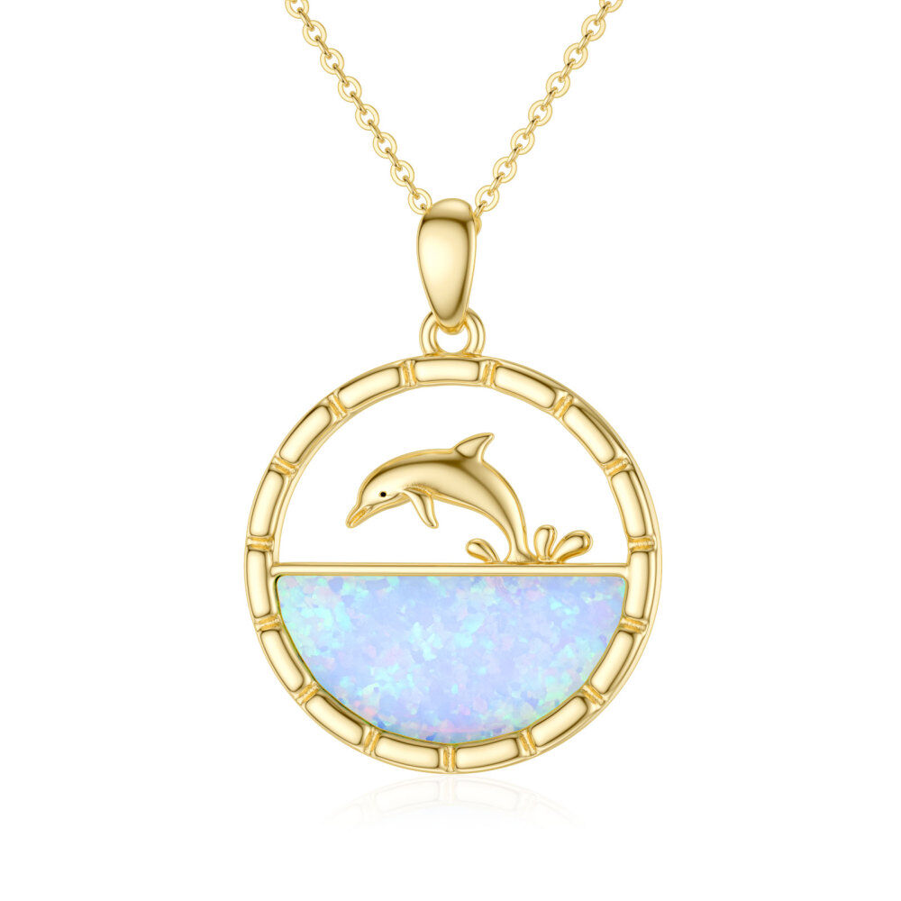 10K Gold Opal Dolphin Pendant Necklace-1