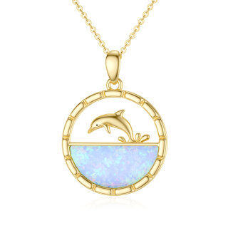 10K Gold Opal Dolphin Pendant Necklace-25