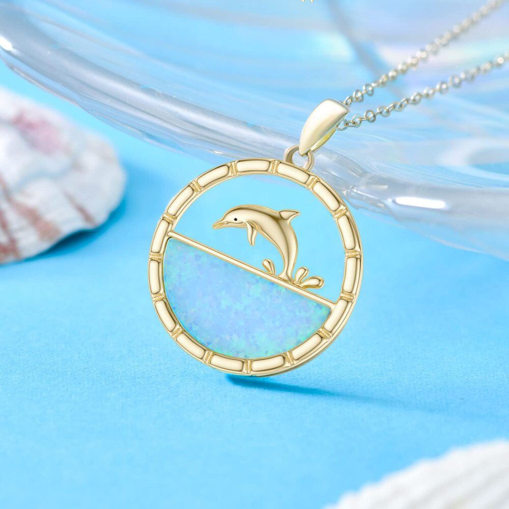 10K Gold Opal Dolphin Pendant Necklace-3