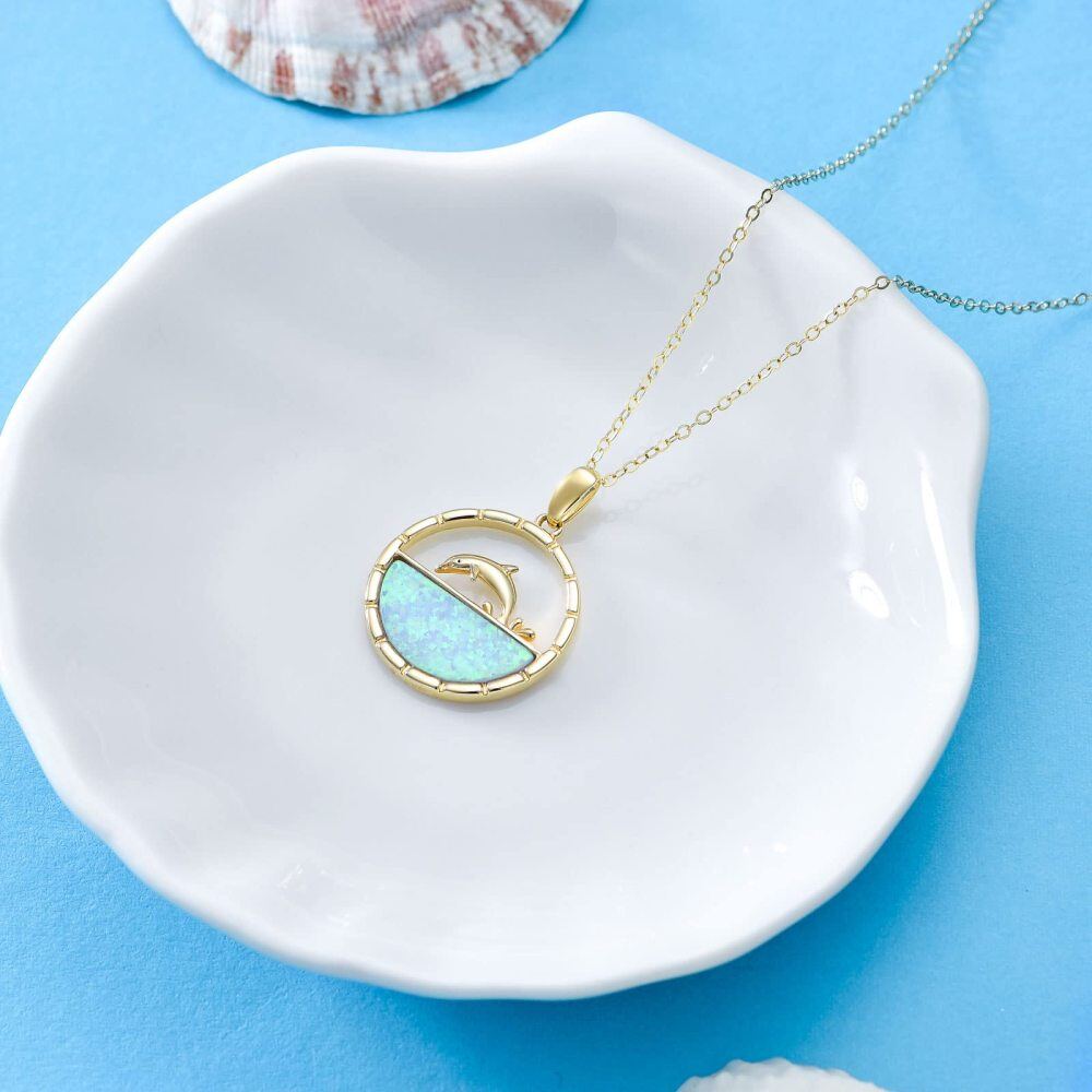 10K Gold Opal Dolphin Pendant Necklace-4
