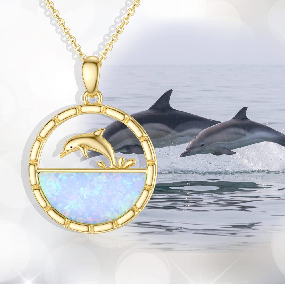 10K Gold Opal Dolphin Pendant Necklace-6