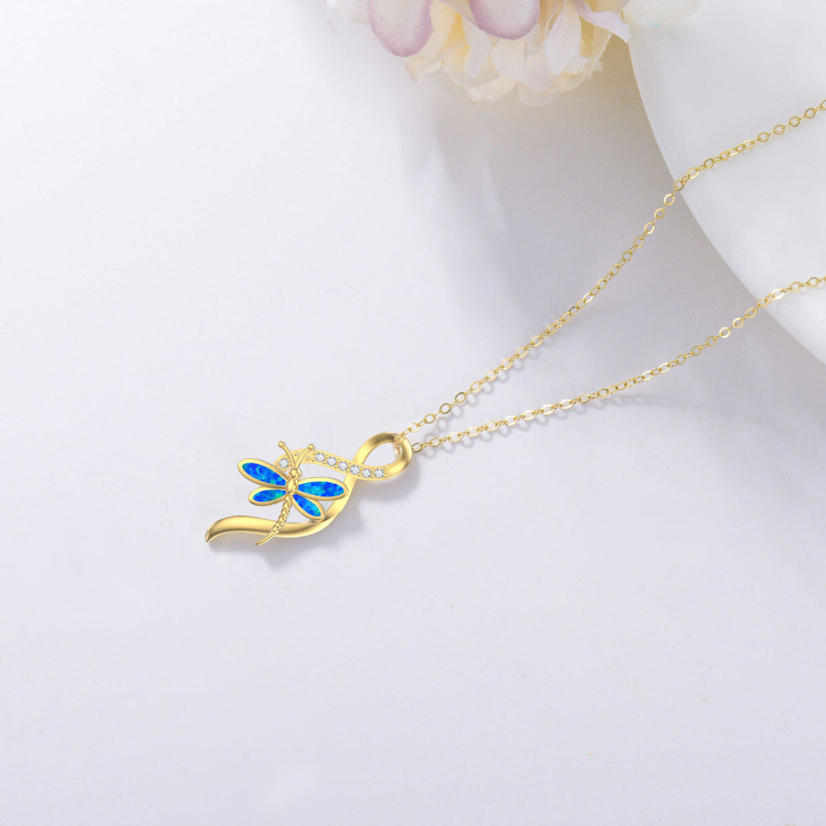 10K Gold Opal Dragonfly Infinity Symbol Necklace for Women-3