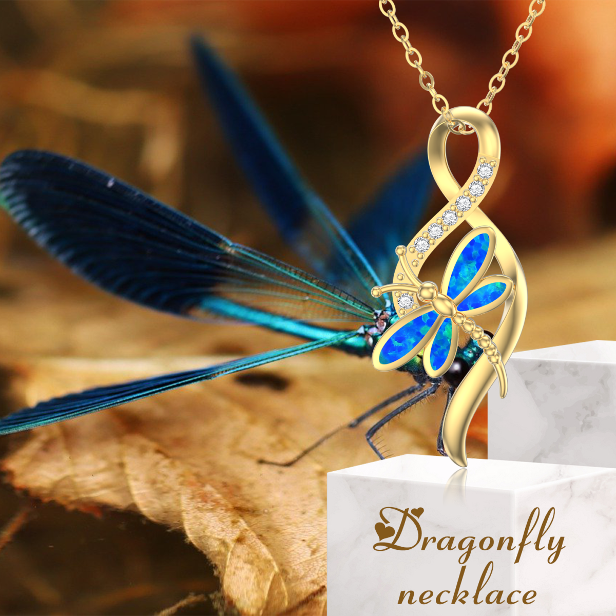 10K Gold Opal Dragonfly Infinity Symbol Necklace for Women-6