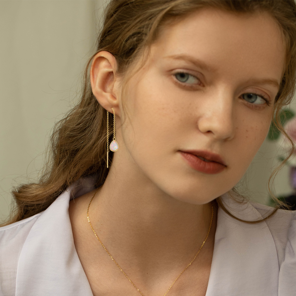 10K Gold Opal Drop Shape Drop Earrings-2