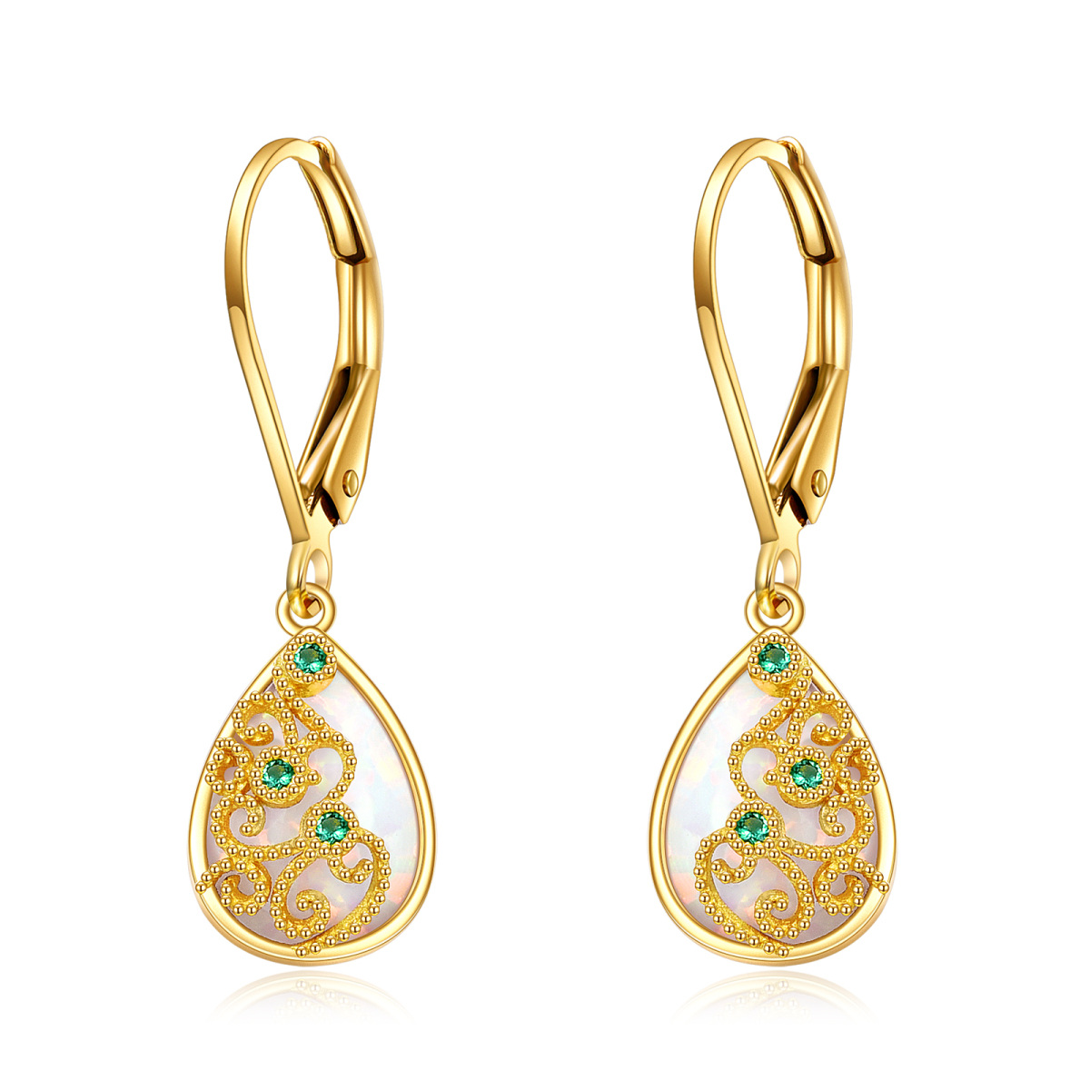 10K Yellow Gold Opal Drop Shape Drop Earrings For Women-1