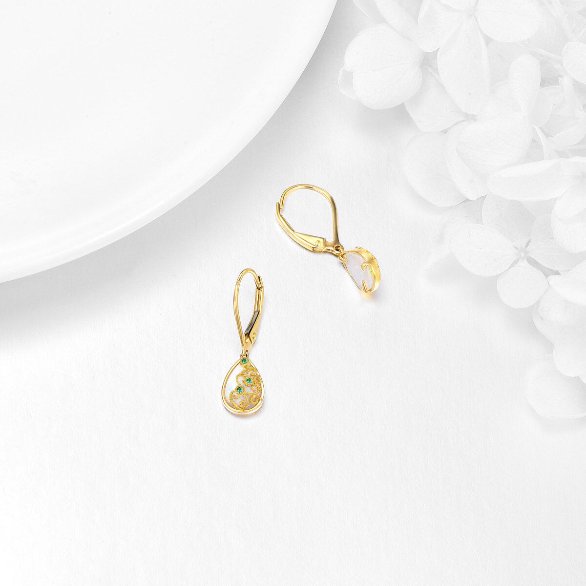 Pendientes colgantes con forma de gota de ópalo de oro amarillo de 14 quilates para mujer-3