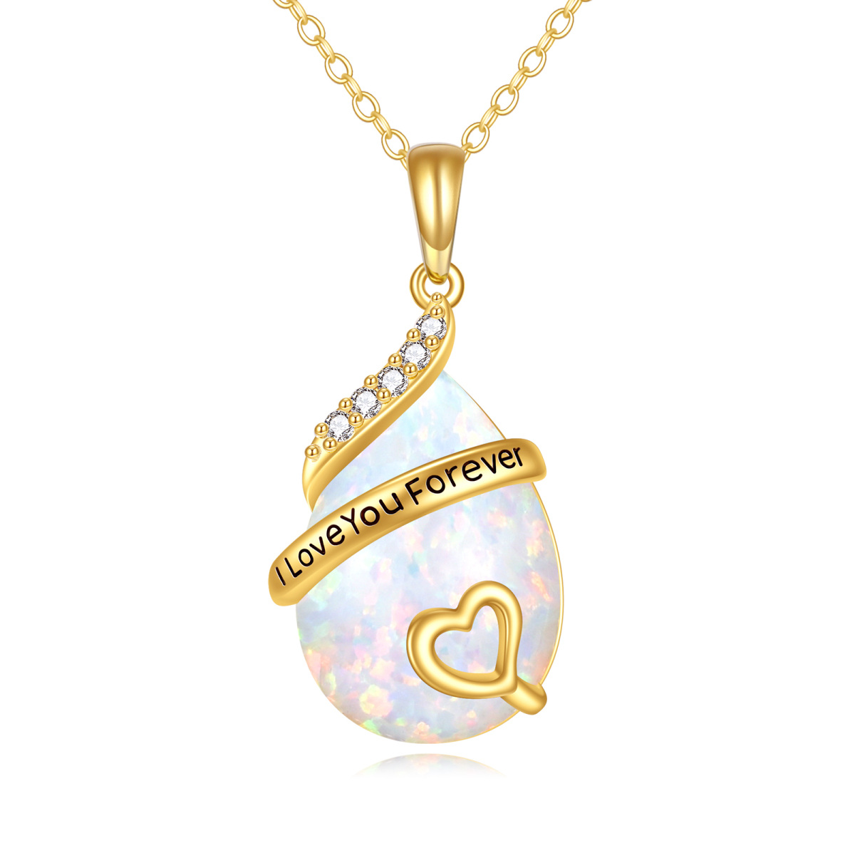 14K Gold Cubic Zirconia & Opal Drop Shape & Heart Pendant Necklace-1