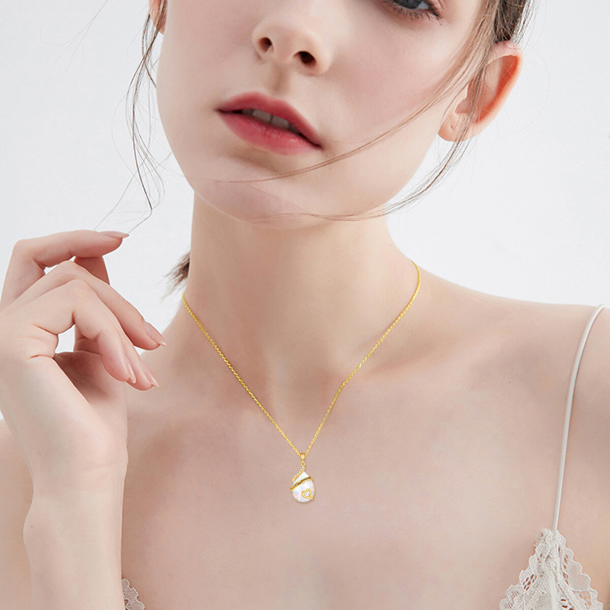 14K Gold Cubic Zirconia & Opal Drop Shape & Heart Pendant Necklace-2