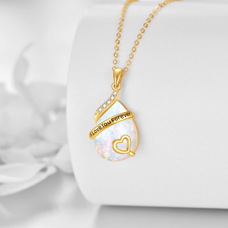 Collar con colgante de oro blanco de 10 quilates, circonita cúbica y ópalo en forma de gota y corazón con palabra grabada-3