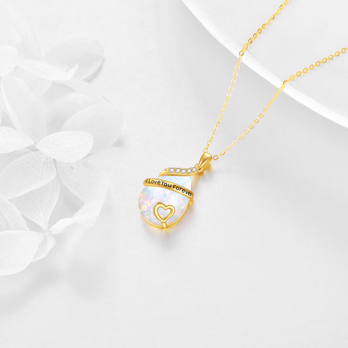 14K Gold Cubic Zirconia & Opal Drop Shape & Heart Pendant Necklace-4