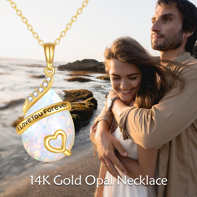 Collar con colgante de oro blanco de 10 quilates, circonita cúbica y ópalo en forma de gota y corazón con palabra grabada-6
