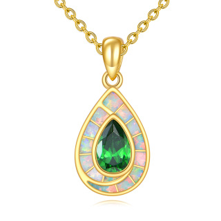 Sterling Silver with Yellow Gold Plated Cubic Zirconia & Opal Drop Shape Pendant Necklace-3