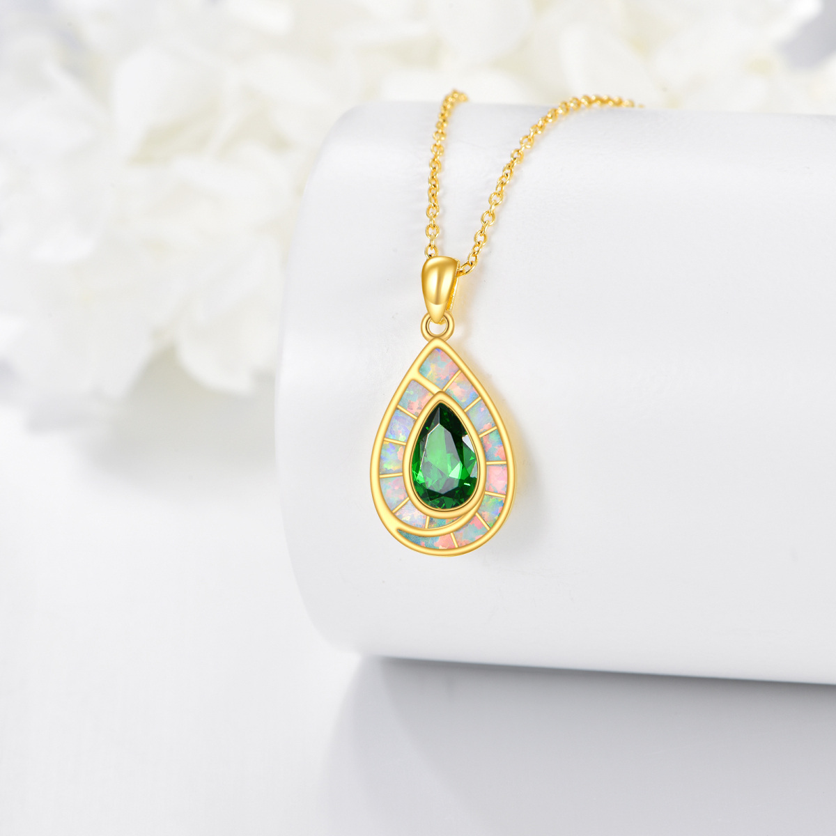 Colar com pendente em forma de gota de opala banhado a ouro amarelo e prata de lei com zircónias cúbicas-3