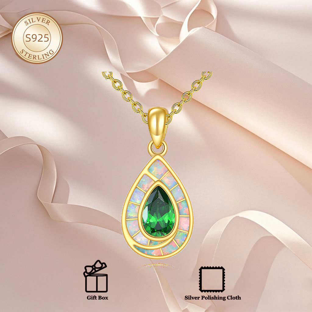 Colar com pendente em forma de gota de opala banhado a ouro amarelo e prata de lei com zircónias cúbicas-6