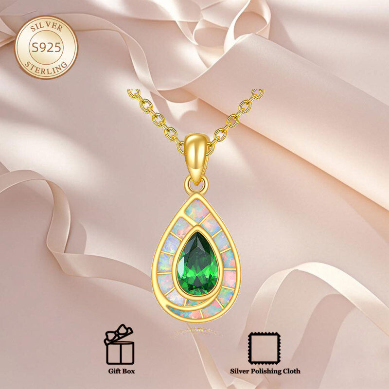 Sterling Silver with Yellow Gold Plated Cubic Zirconia & Opal Drop Shape Pendant Necklace-6