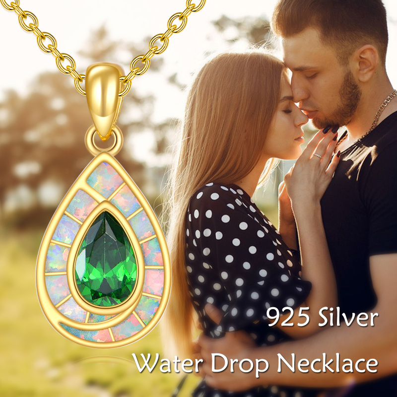 Sterling Silver with Yellow Gold Plated Cubic Zirconia & Opal Drop Shape Pendant Necklace-7