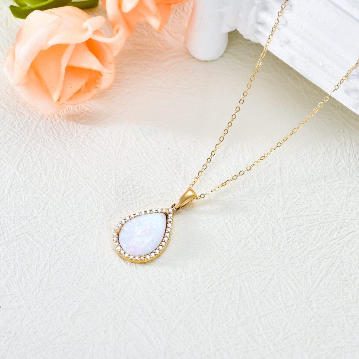 10K Gold Cubic Zirconia & Opal Drop Shape Pendant Necklace-4