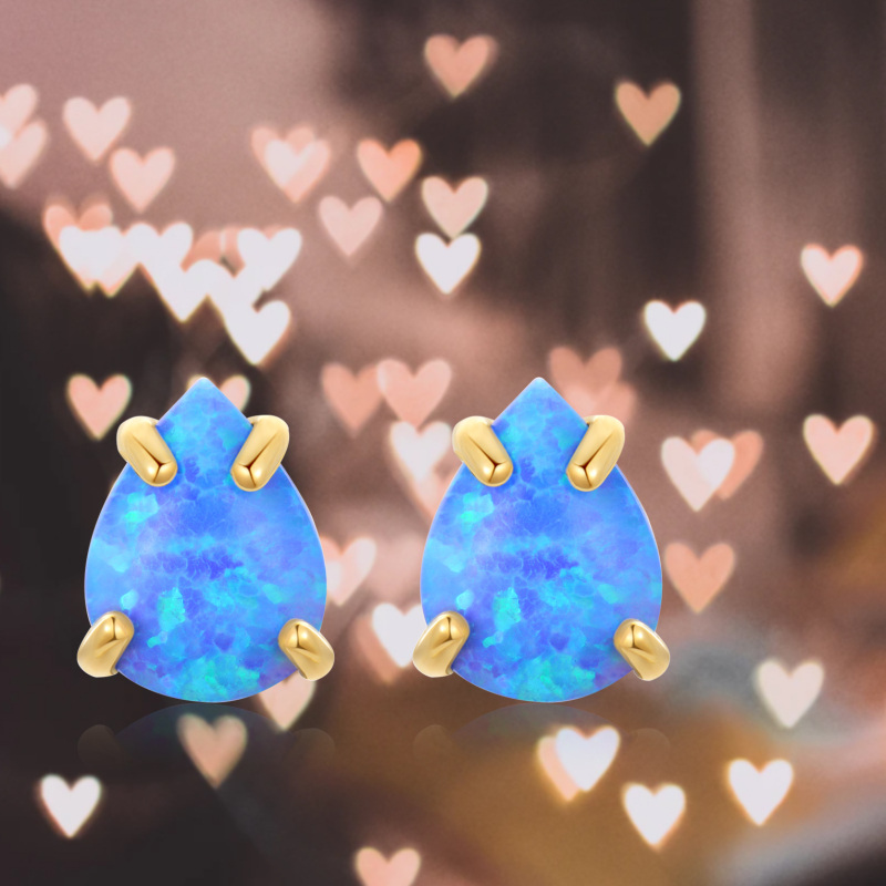 10K Gold Opal Drop Shape Stud Earrings-6