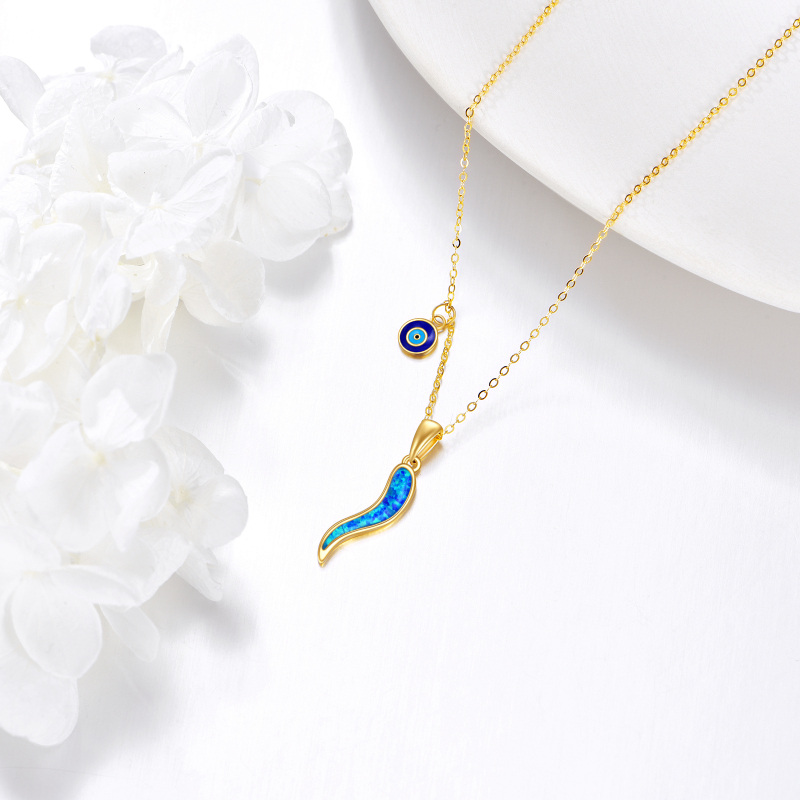 10K White Gold Opal Evil Eye & Italian Horn Pendant Necklace-3