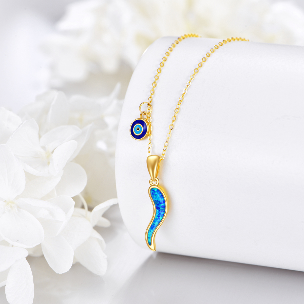 10K Gold Opal Evil Eye & Italian Horn Pendant Necklace-4