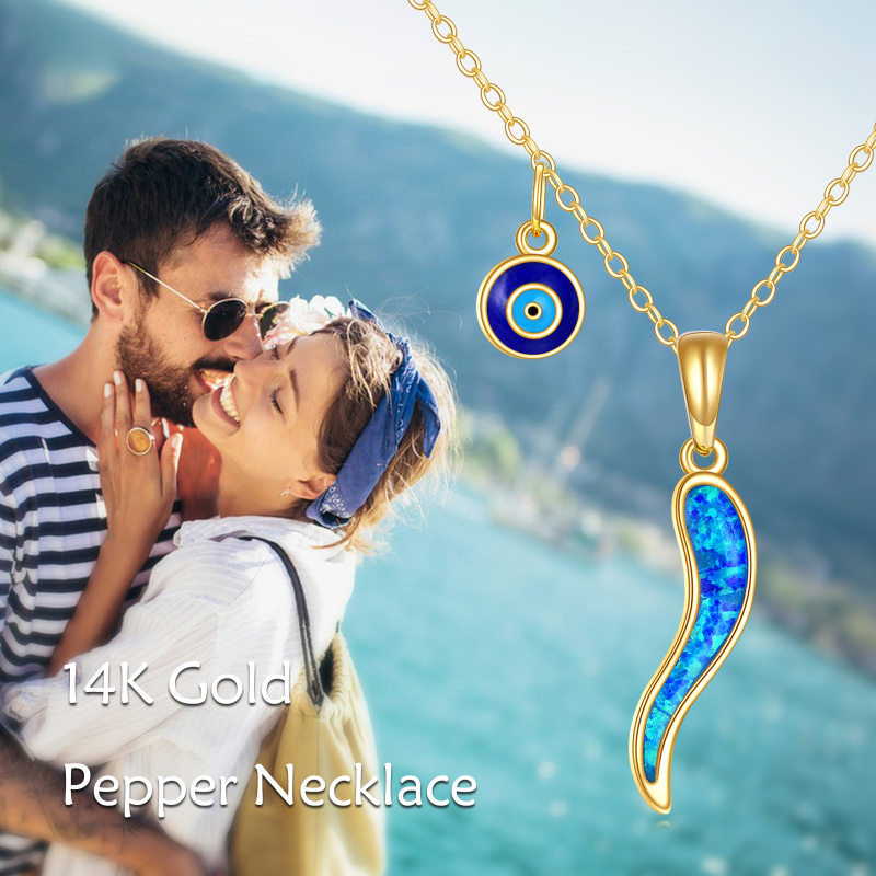 10K White Gold Opal Evil Eye & Italian Horn Pendant Necklace-6