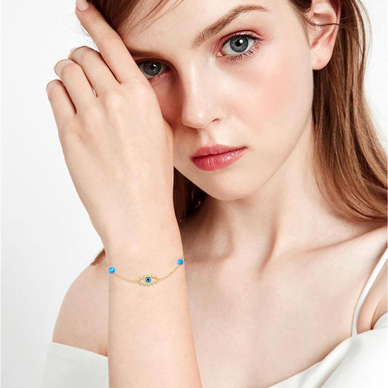 10K White Gold Opal Evil Eye Charm Bracelet-2