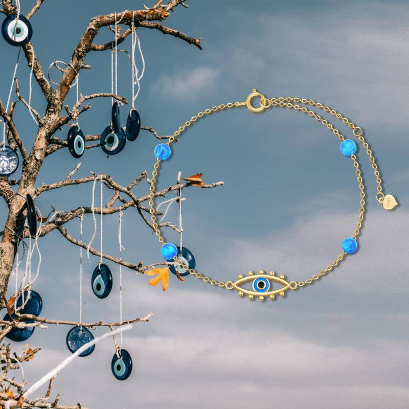 10K White Gold Opal Evil Eye Charm Bracelet-3