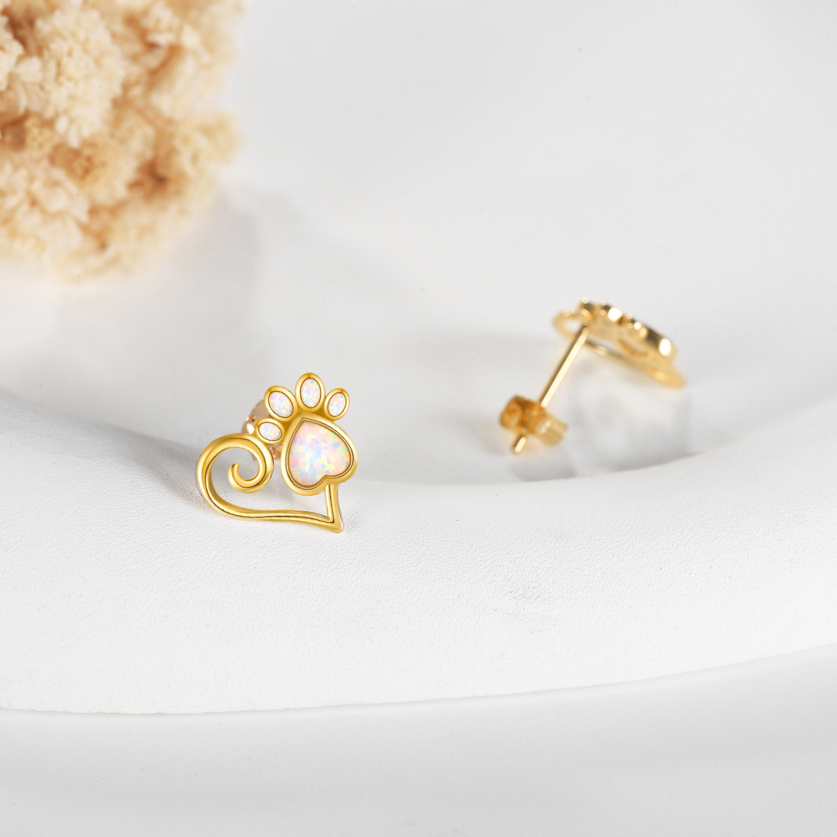 14K Gold Opal Footprints Stud Earrings-3