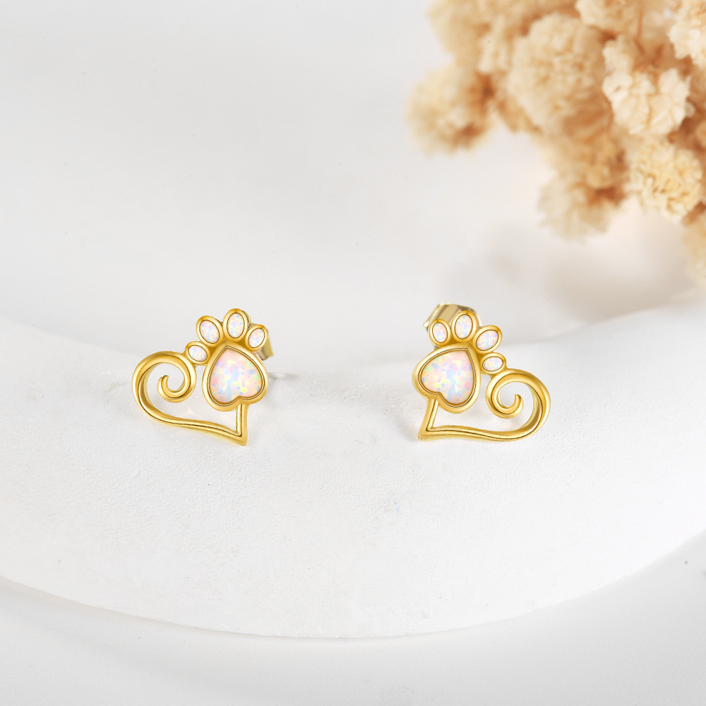 10K Gold Opal Footprints Stud Earrings-4