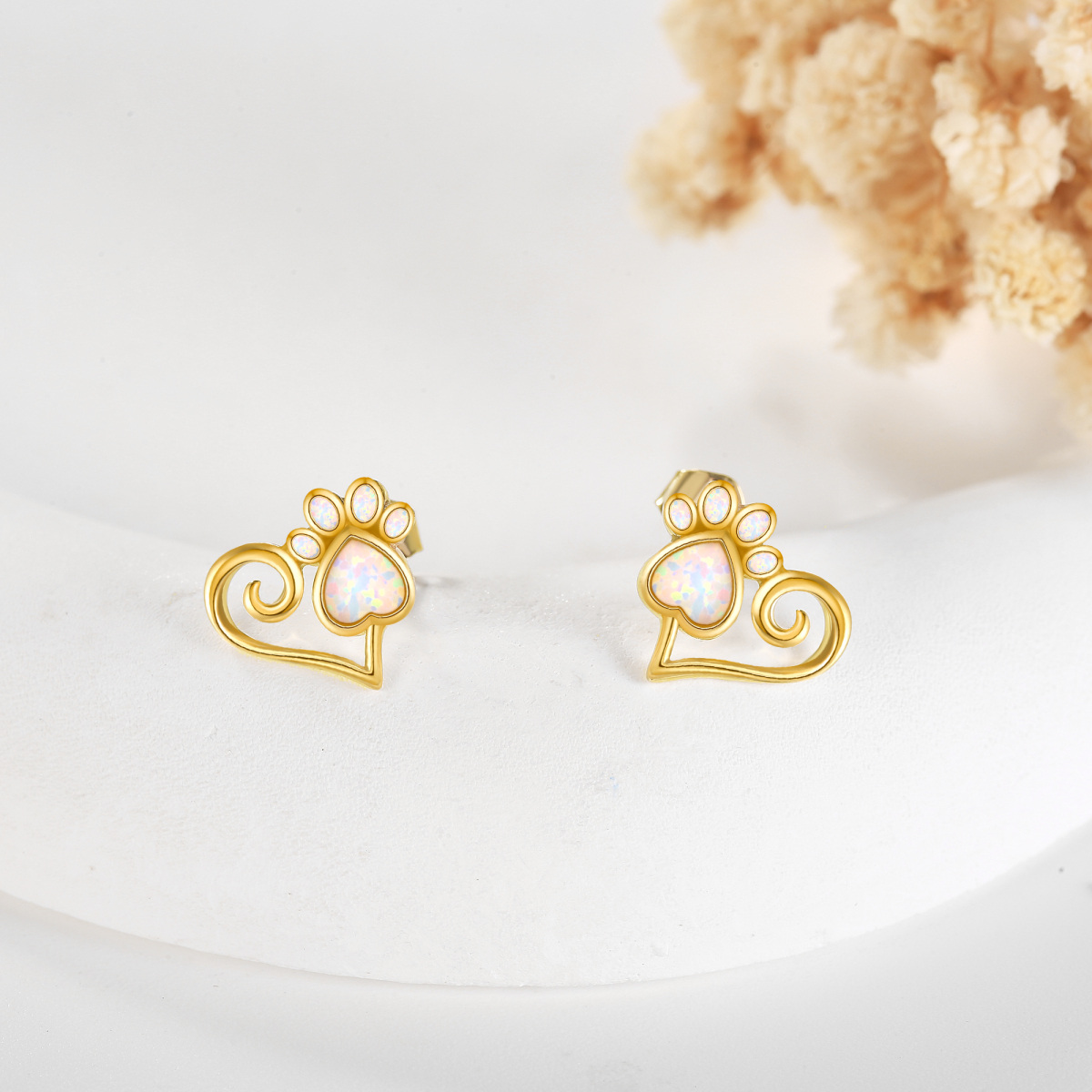 14K Gold Opal Footprints Stud Earrings-4