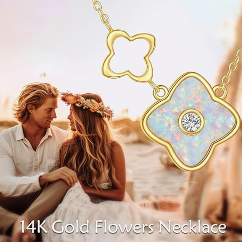 Colar com pendente de trevo de quatro folhas em ouro branco de 10 quilates com zircónias cúbicas e opala-6