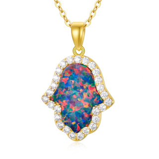 10K Gold Opal Hamsa Hand Pendant Necklace-37