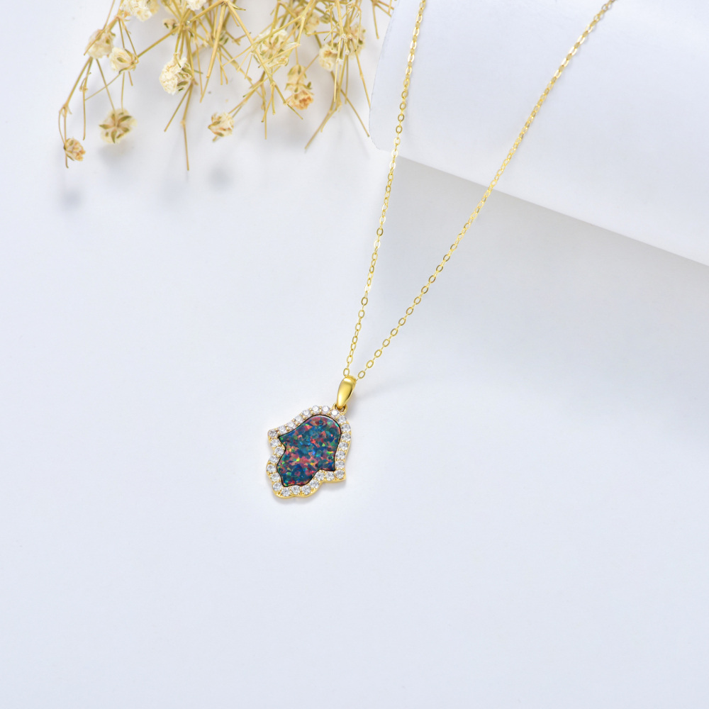 10K Gold Opal Hamsa Hand Pendant Necklace-3