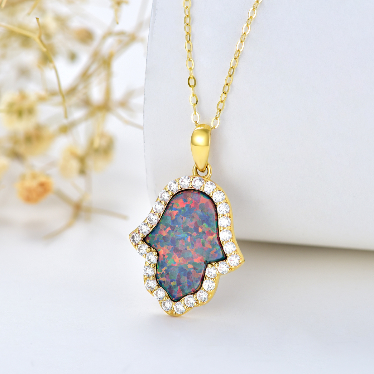 14K Gold Opal Hamsa Hand Pendant Necklace-4