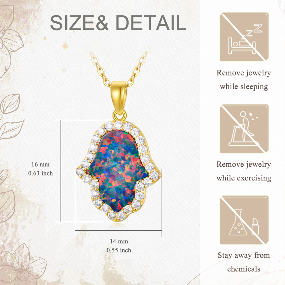 10K Gold Opal Hamsa Hand Pendant Necklace-5