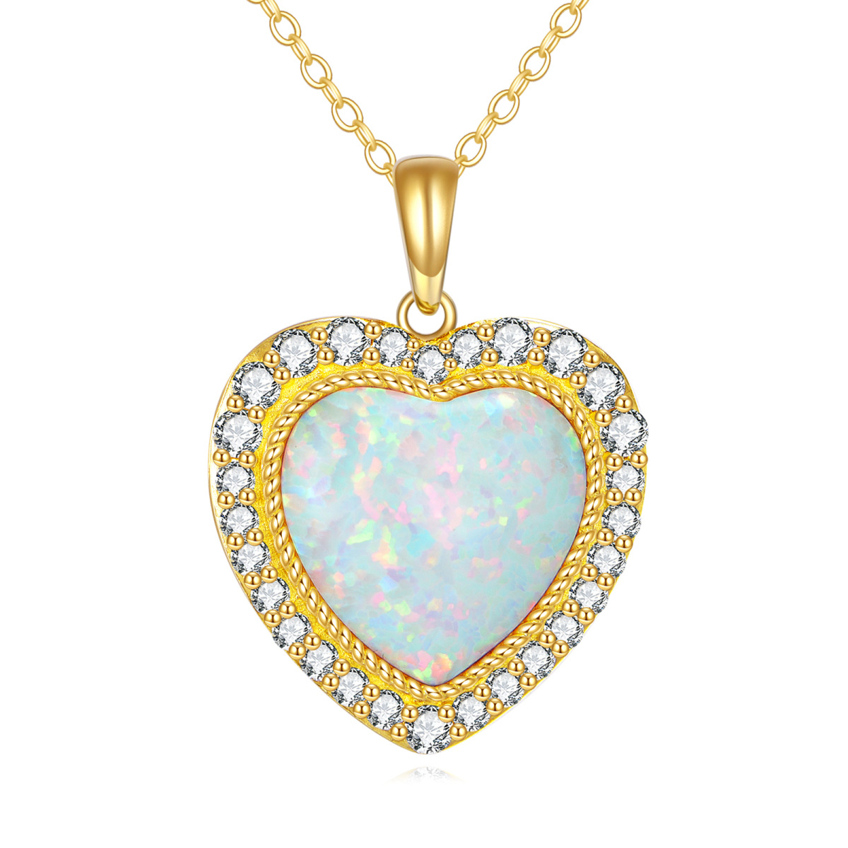 14K Gold Cubic Zirconia & Opal Heart Pendant Necklace-1