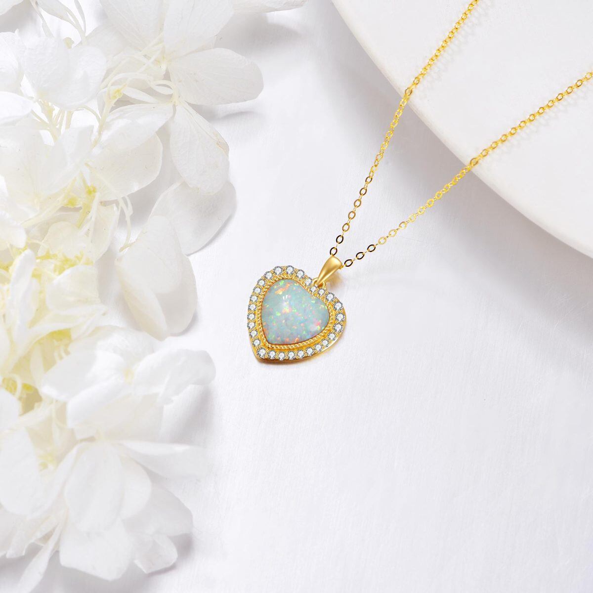 14K Gold Cubic Zirconia & Opal Heart Pendant Necklace-3