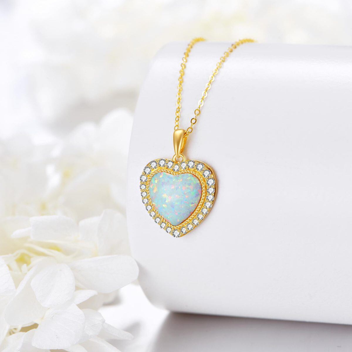 10K Gold Cubic Zirconia & Opal Heart Pendant Necklace-4