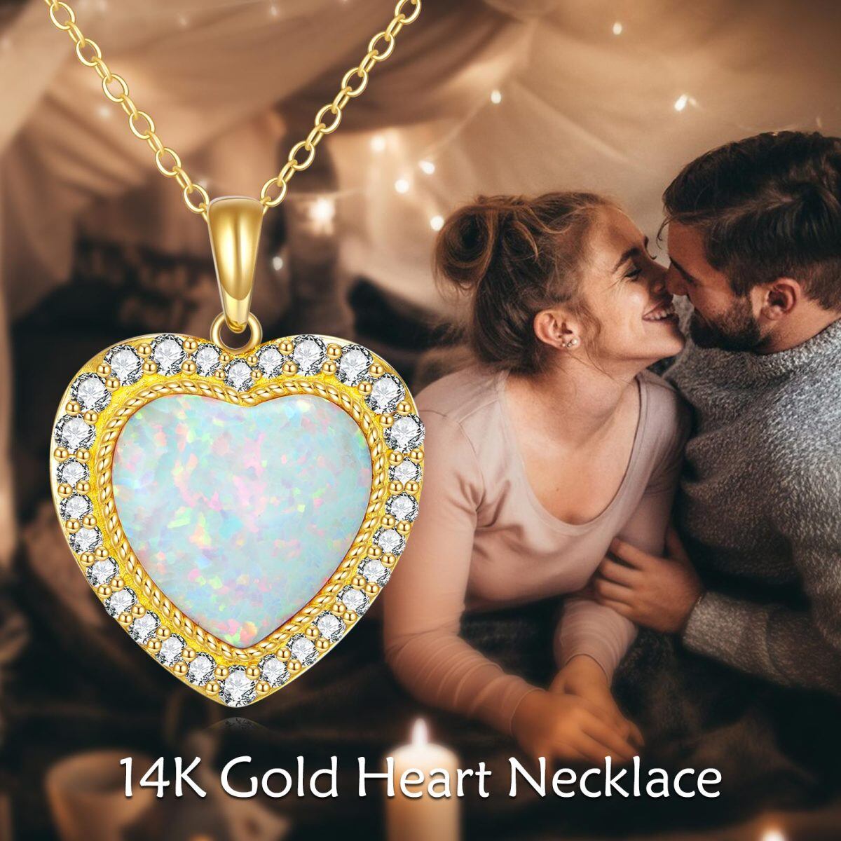 14K Gold Cubic Zirconia & Opal Heart Pendant Necklace-6