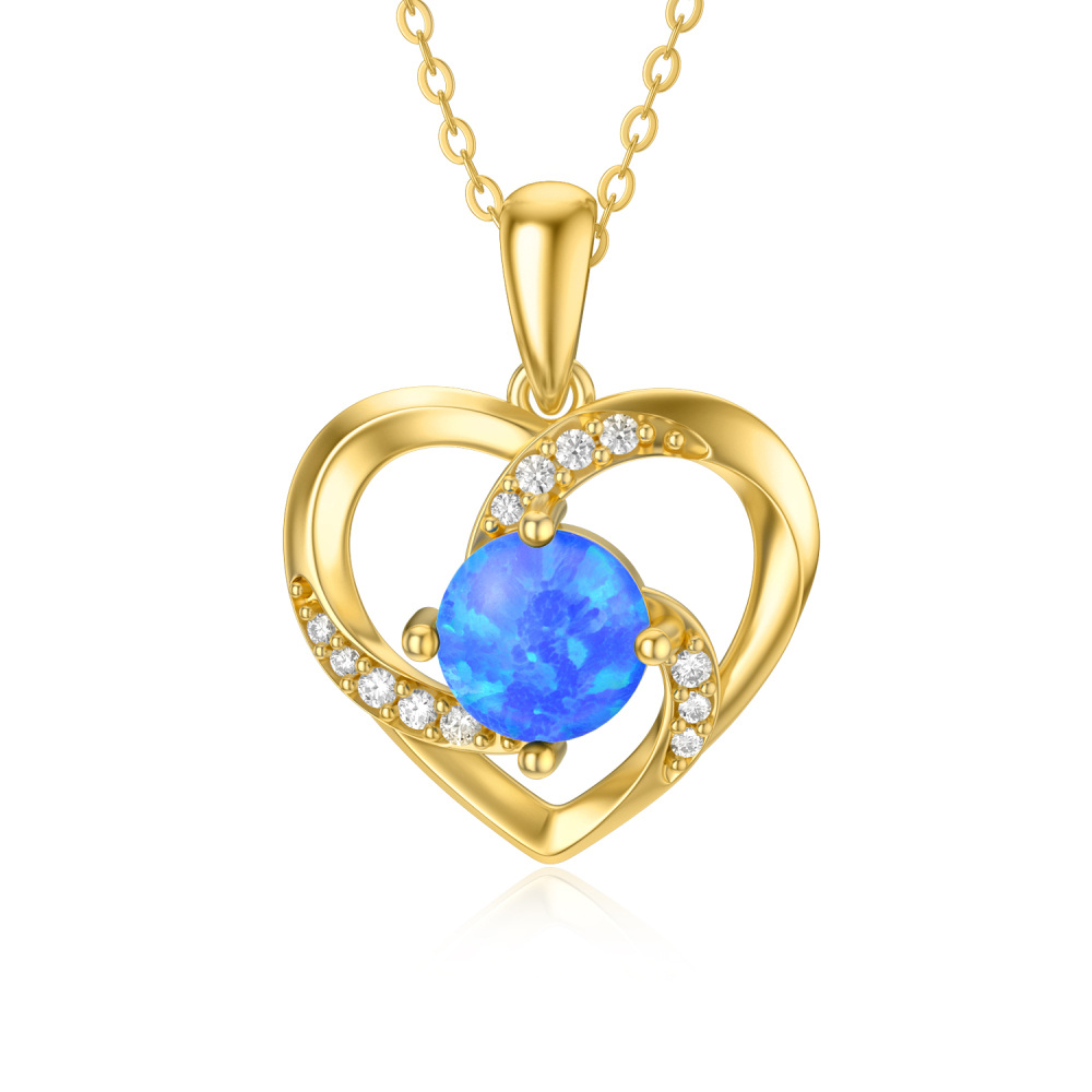 10K Gold Opal & Cubic Zirconia Heart Pendant Necklace-1