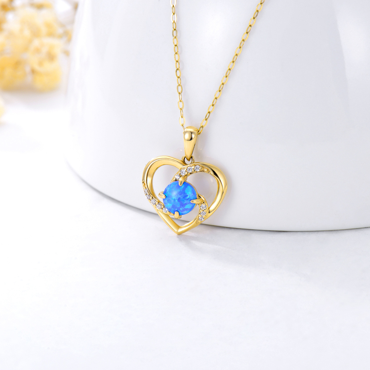 14K Gold Opal & Cubic Zirconia Heart Pendant Necklace-3